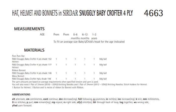Sirdar 4663 Hat, Helmet and Bonnets in Snuggly Baby Crofter 4 ply (PDF) Knit in a Box