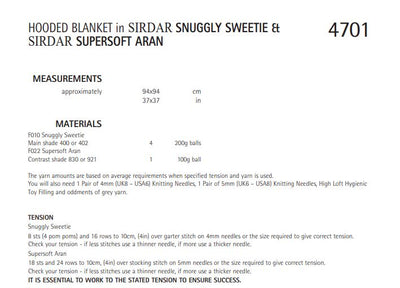 Sirdar 4701 Hooded Blanket in Snuggly Sweetie and Supersoft Aran (PDF) Knit in a Box