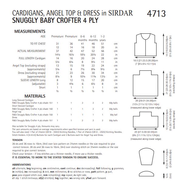 Sirdar 4713 Cardigans, Angel Top and Dress in Snuggly Baby Crofter 4 ply (PDF) Knit in a Box