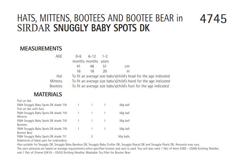 Sirdar 4745 Hats, Mittens, Bootes and Bootee Bear in Snuggly Baby Spots DK (PDF) Knit in a Box