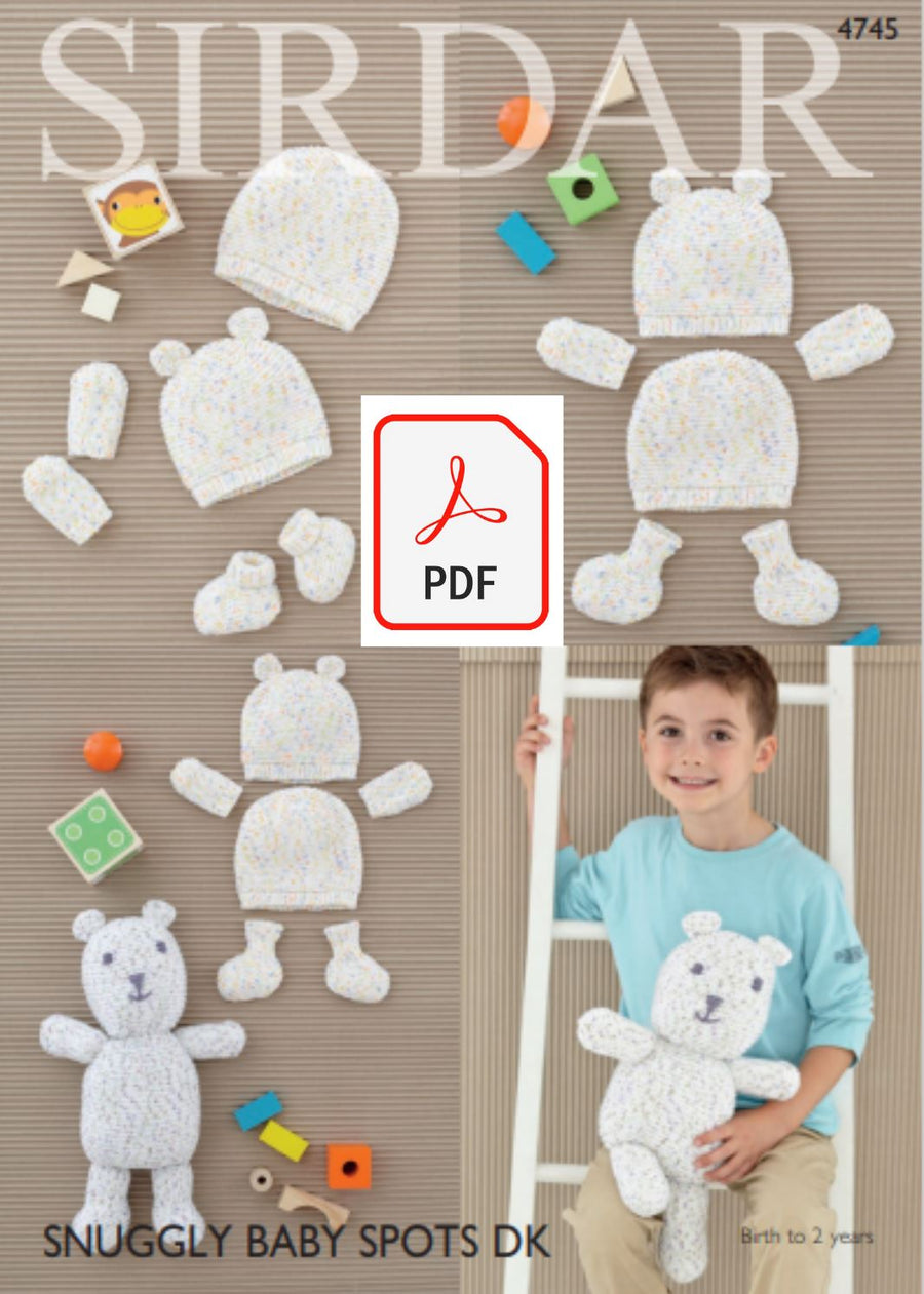 Sirdar 4745 Hats, Mittens, Bootes and Bootee Bear in Snuggly Baby Spots DK (PDF) Knit in a Box 
