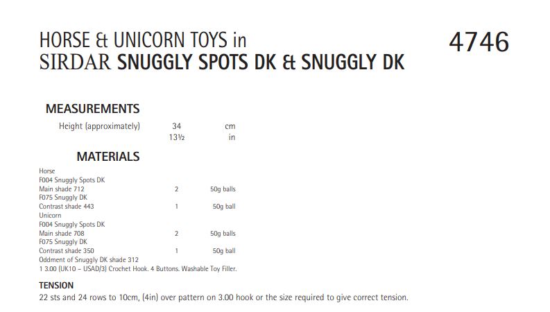 Sirdar 4746 Horse and Unicorn Toys in Snuggly Spots DK and Snuggly DK (PDF) Knit in a Box