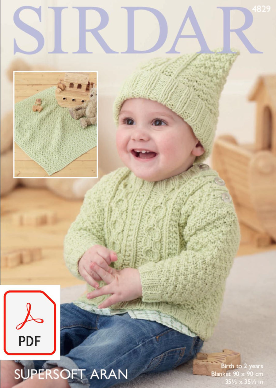 Sirdar 4829 Sweater, Hat and Blanket in Supersoft Aran (PDF) Knit in a Box 