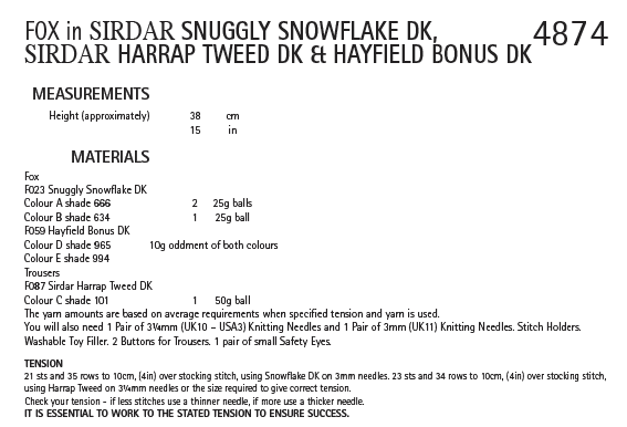 Sirdar 4874 Fox in Snuggly Snowflake DK, Harrap Tweed DK and Hayfield Bonus DK (PDF) Knit in a Box