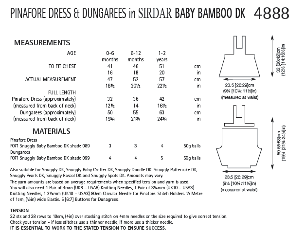 Sirdar 4888 Pinafore Dress and Dungarees in Snuggly Baby Bamboo DK (PDF) Knit in a Box
