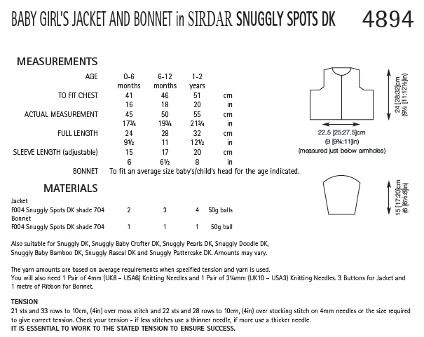 Sirdar 4894 Baby Girl´s Jacket and Bonnet in Snuggly Spots DK (PDF) Knit in a Box