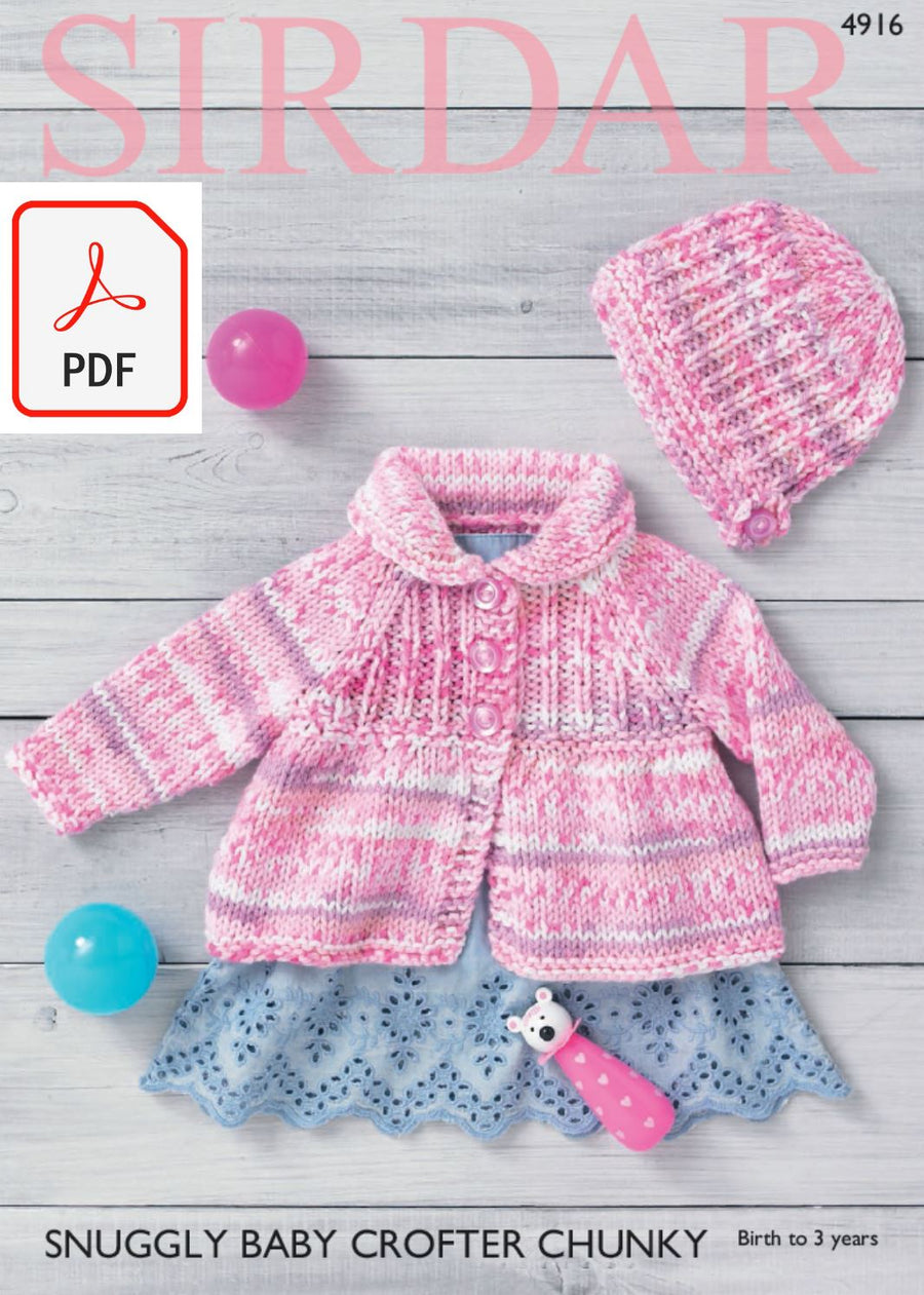 Sirdar 4916 Cardigans Matinee Jacket and Bonnet in Snuggly Baby Crofter Chunky (PDF) Knit in a Box 
