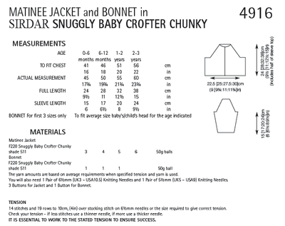 Sirdar 4916 Cardigans Matinee Jacket and Bonnet in Snuggly Baby Crofter Chunky (PDF) Knit in a Box