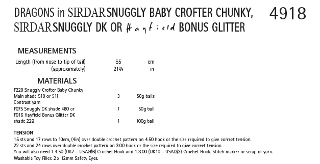 Sirdar 4918 Dragons in Snuggly Baby Crofter Chunky, Sirdar Snuggly DK OR Hayfield Bonus Glitter (PDF) Knit in a Box