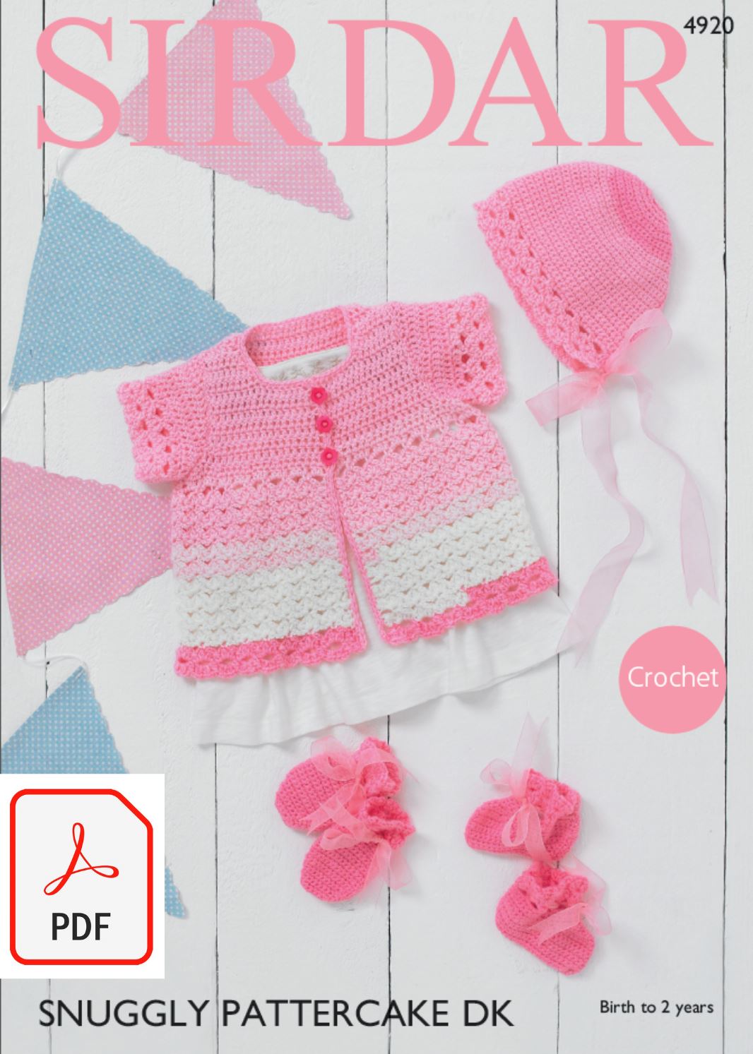 Sirdar 4920 Cardigan, Bonnet, Mittens and Bootees in Snuggly Pattercake DK (PDF) Knit in a Box