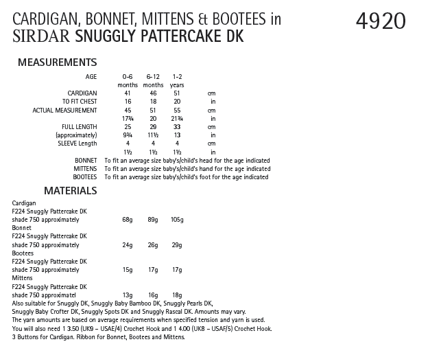 Sirdar 4920 Cardigan, Bonnet, Mittens and Bootees in Snuggly Pattercake DK (PDF) Knit in a Box