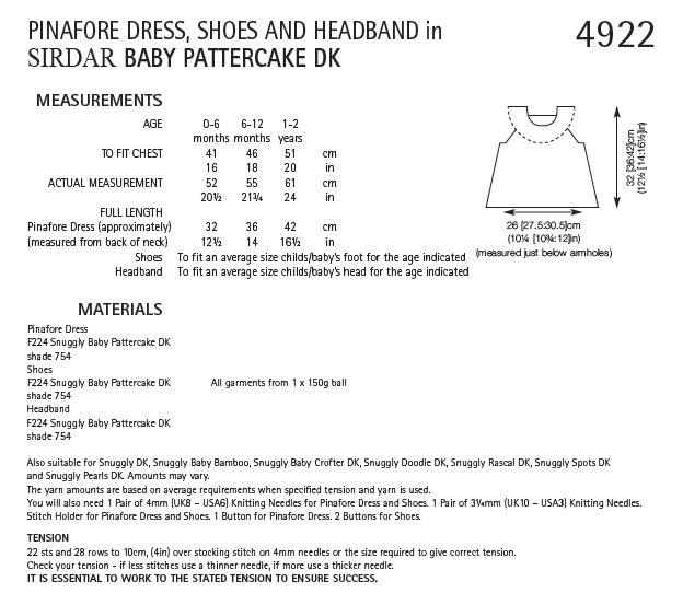 Sirdar 4922 Pinafore Dress, Shoes and Headband in Baby Pattercake DK (PDF) Knit in a Box