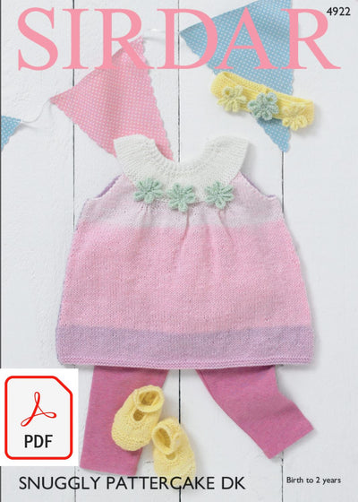 Sirdar 4922 Pinafore Dress, Shoes and Headband in Baby Pattercake DK (PDF) Knit in a Box