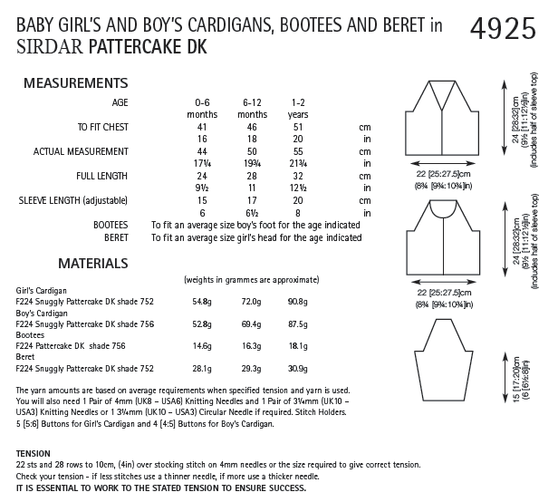Sirdar 4925 Baby Girl´s and Boy´s Cardigans, Bootees and Beret in Pattercake DK (PDF) Knit in a Box