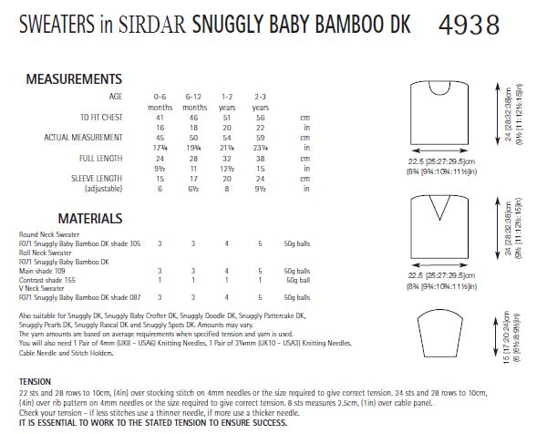 Sirdar 4938 Sweeters in Snuggly Baby Bamboo DK (PDF) Knit in a Box
