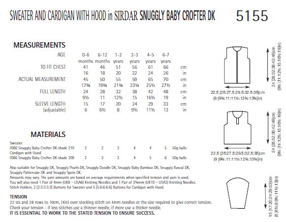 Sirdar 5155 Sweater and Cardigan with Hood in Snuggly Baby Crofter DK (PDF) Knit in a Box