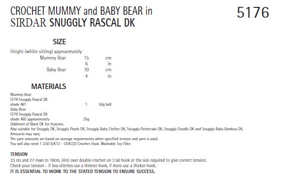 Sirdar 5176 Crochet Mummy and Baby Bear in Snuggly Rascal DK (PDF) Knit in a Box