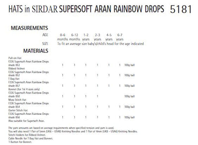 Sirdar 5181 Hats in Supersoft Aran Rainbow Drops (PDF) Knit in a Box
