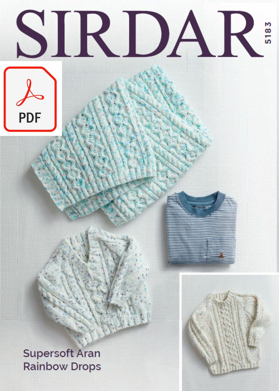 Sirdar 5183 Sweaters and Blanket in Supersoft Aran Rainbow Drops (PDF) Knit in a Box 
