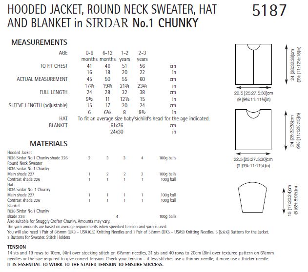 Sirdar 5187 Hooded Jacket, Round Neck Sweater, Hat and Blanket in Sirdar No.1 Chunky (PDF) Knit in a Box