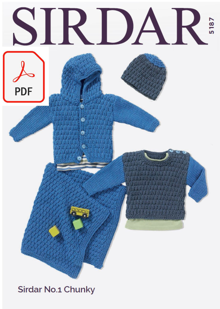 Sirdar 5187 Hooded Jacket, Round Neck Sweater, Hat and Blanket in Sirdar No.1 Chunky (PDF) Knit in a Box 