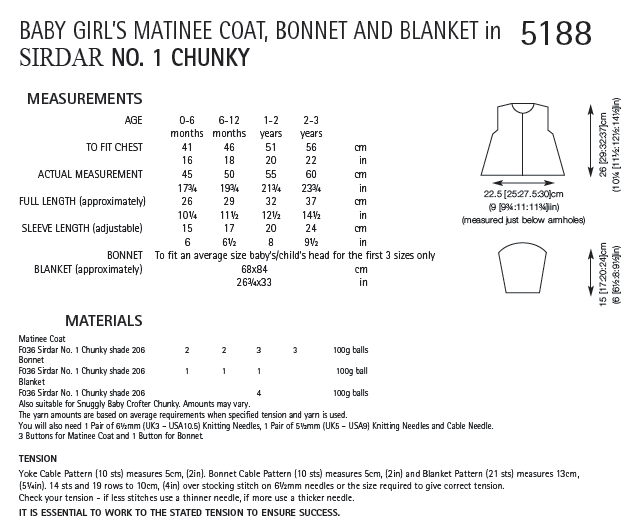 Sirdar 5188 Baby Girl´s Matinee Coat, Bonnet and Blanket in No.1 Chunky (PDF) Knit in a Box