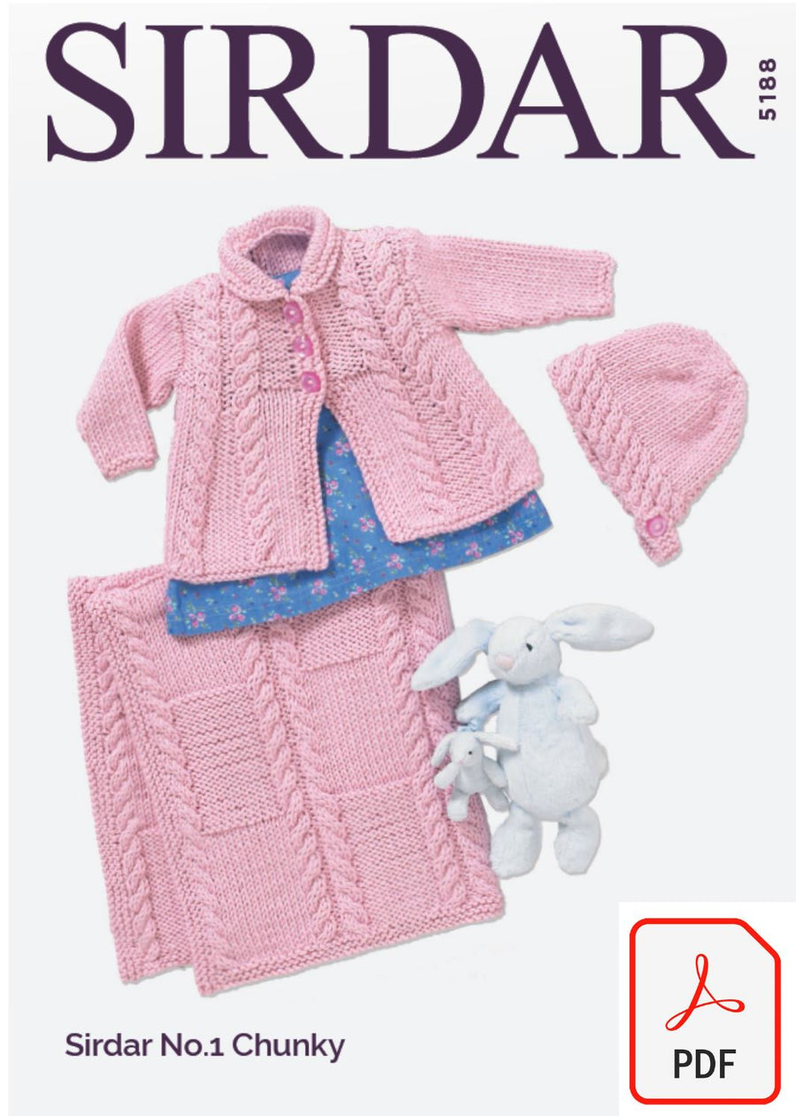 Sirdar 5188 Baby Girl´s Matinee Coat, Bonnet and Blanket in No.1 Chunky (PDF) Knit in a Box 