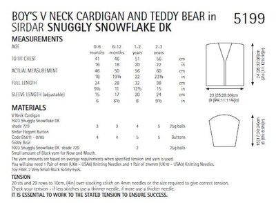 Sirdar 5199 Baby Boy's V Neck Cardigan & Teddy Bear Toy in Snuggly Snowflake DK (PDF) Knit in a Box
