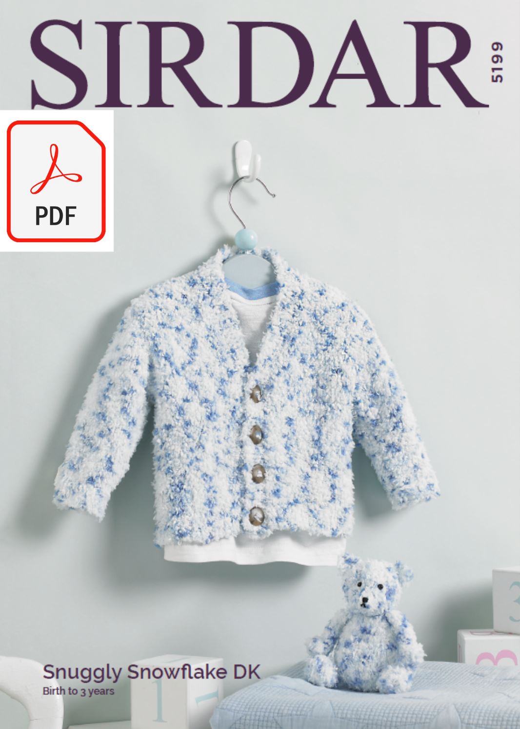 Sirdar 5199 Baby Boy's V Neck Cardigan & Teddy Bear Toy in Snuggly Snowflake DK (PDF) Knit in a Box