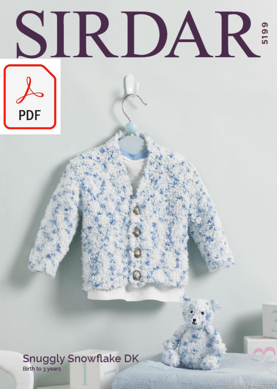 Sirdar 5199 Baby Boy's V Neck Cardigan & Teddy Bear Toy in Snuggly Snowflake DK (PDF) Knit in a Box 