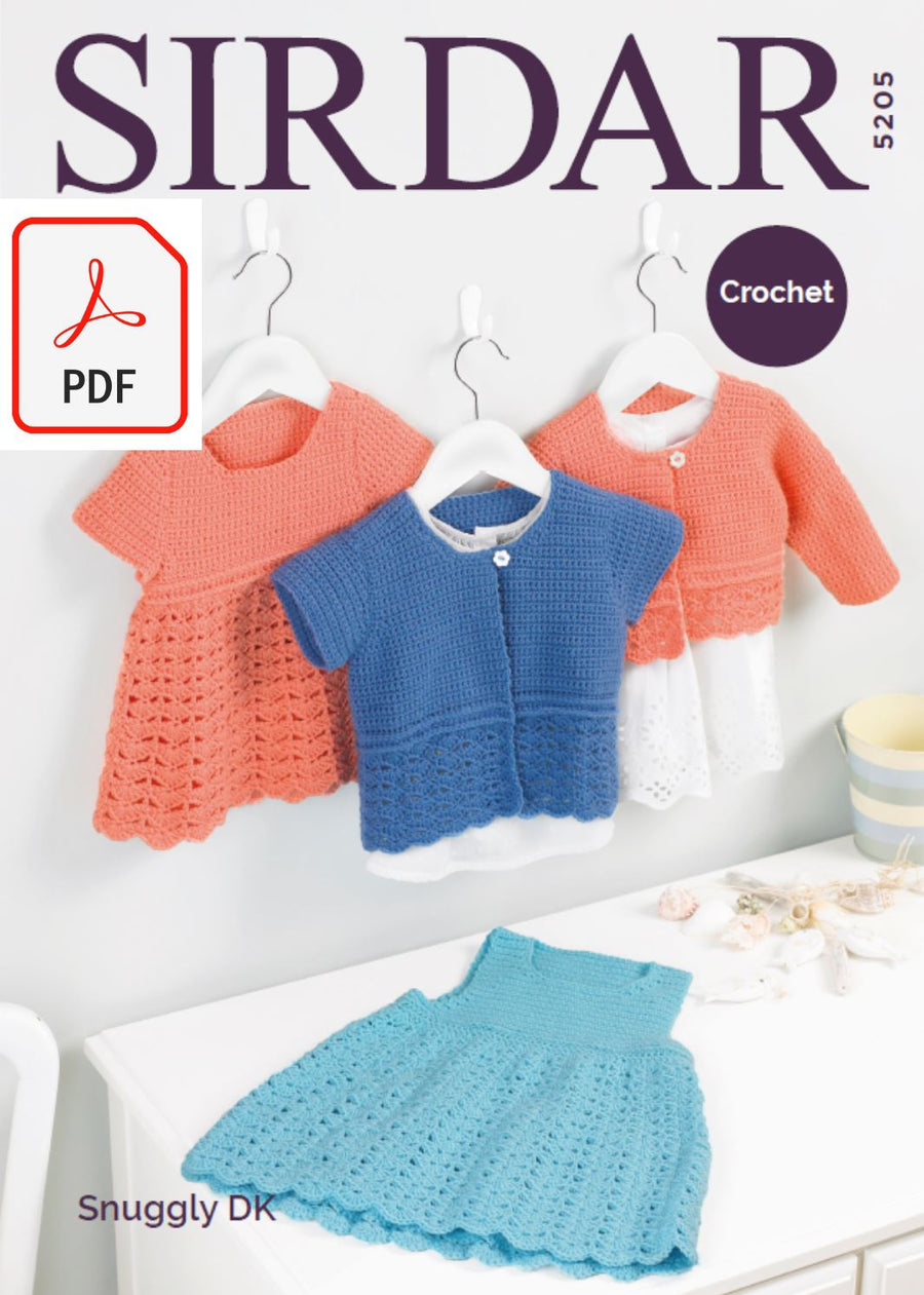 Sirdar 5205 Crochet Pinafore, Dress & Cardigans in Sirdar Snuggly DK (PDF) Knit in a Box 