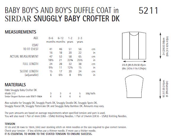 Sirdar 5211 Baby Boy's Duffle Coat in Sirdar Snuggly Baby Crofter DK (PDF) Knit in a Box