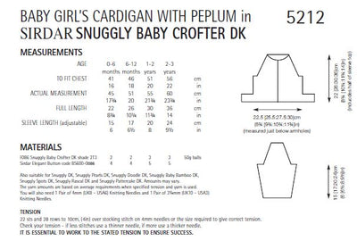 Sirdar 5212 Baby Girl's Cardigan with Peplum in Sirdar Snuggly Baby Crofter DK (PDF) Knit in a Box