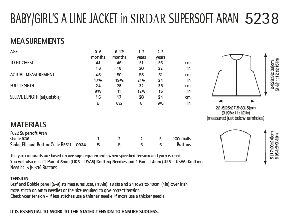 Sirdar 5238 Baby Girl's A Line Jacket in Sirdar Supersoft Aran (PDF) Knit in a Box
