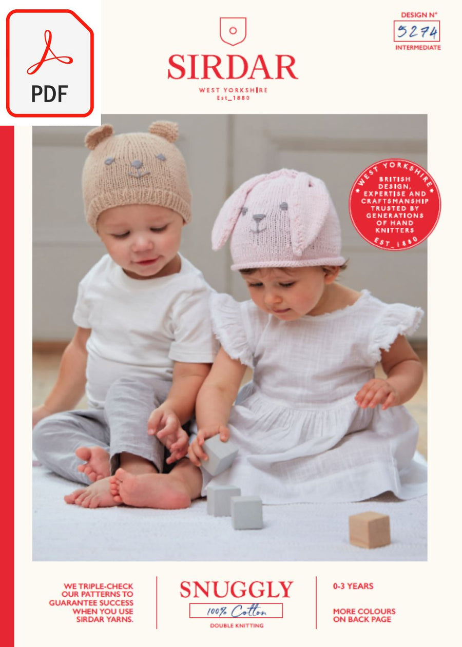 Sirdar 5274 Baby's Rabbit & Teddy Bear Hats in Snuggly 100% Cotton DK (PDF) Knit in a Box 