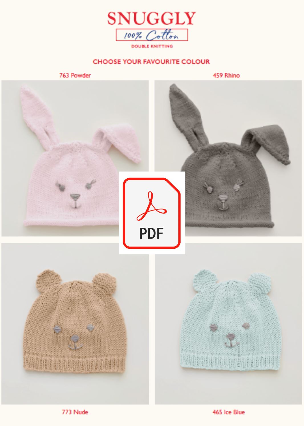 Sirdar 5274 Baby's Rabbit & Teddy Bear Hats in Snuggly 100% Cotton DK (PDF) Knit in a Box