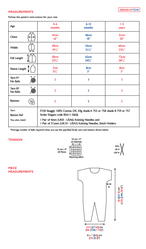 Sirdar 5276 Baby's Onesie in Snuggly 100% Cotton DK (PDF) Knit in a Box