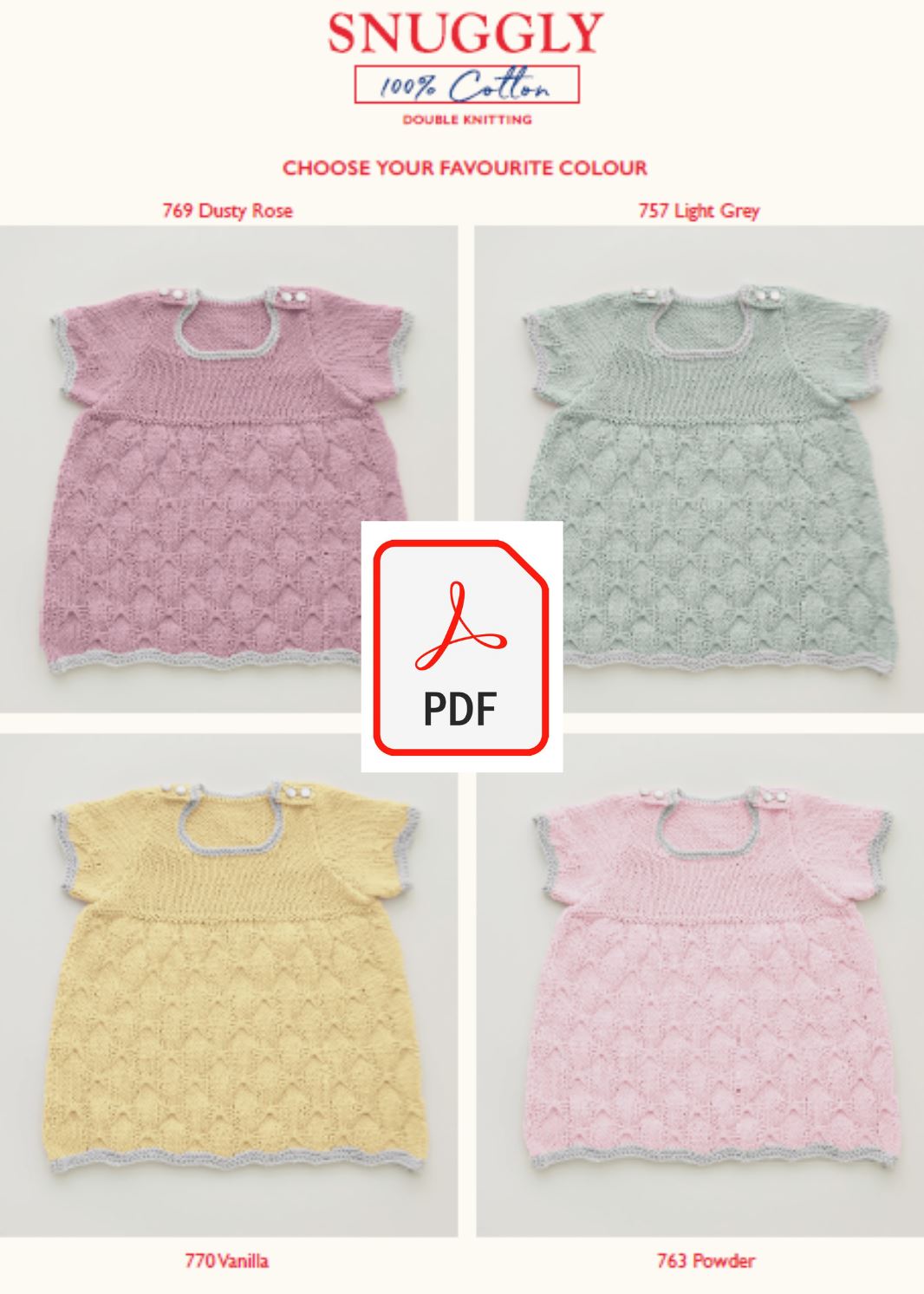 Sirdar 5279 Baby's Dress in Snuggly 100% Cotton DK (PDF) Knit in a Box