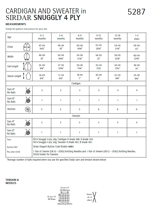 Sirdar 5287 Baby Cardigan & Sweater in Snuggly 4 Ply (PDF) Knit in a Box