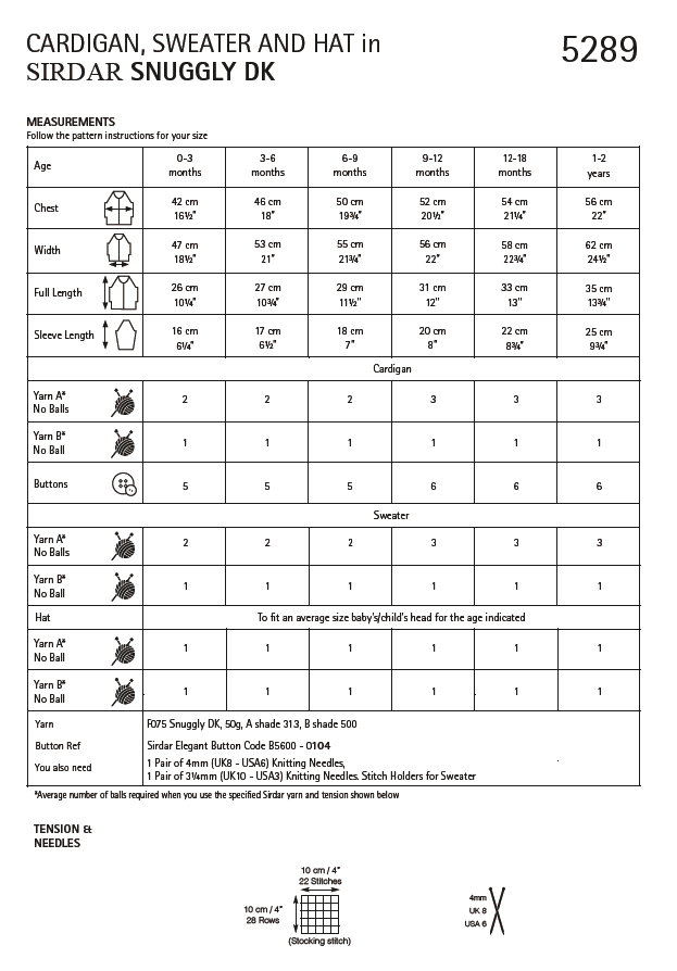 Sirdar 5289 Baby Cardigan, Sweater & Hat in Snuggly DK (PDF) Knit in a Box