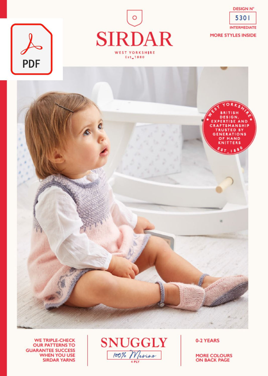 Sirdar 5301Baby Pinafore & Shoes in Snuggly 100% Merino 4 Ply (PDF) Knit in a Box 