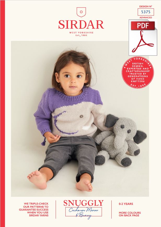 Sirdar 5375 Baby Sweater & Elephant Toy in Snuggly Cashmere Merino DK & Snuggly Bunny (PDF) Knit in a Box 