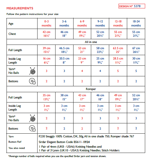 Sirdar 5378 Babie All In One & Romper in Snuggly 100% Cotton DK Knitting (PDF) Knit in a Box