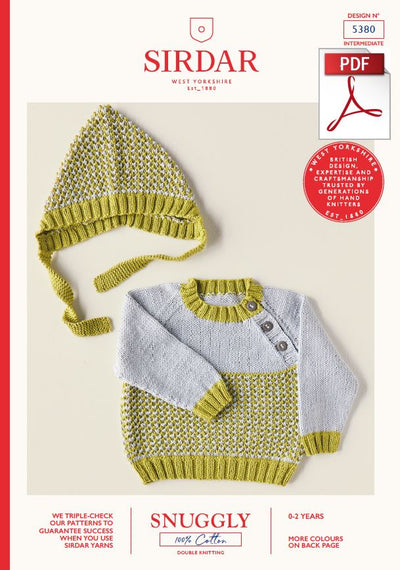 Sirdar 5380 Babie Sweater & Bonnet in Snuggly 100% Cotton DK Knitting (PDF) Knit in a Box
