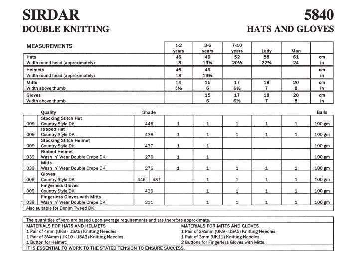 Sirdar 5840 Hats and Gloves in Country Style DK (PDF) Knit in a Box
