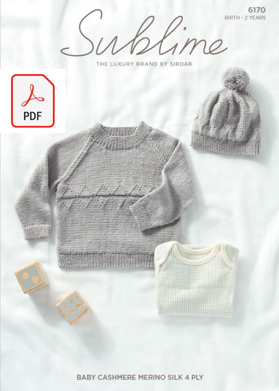 Sirdar 6170 Baby Sweater & Hat in Sublime Baby Cashmere Merino Silk 4 Ply (PDF) Knit in a Box