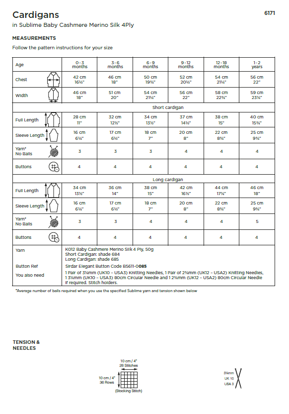 Sirdar 6171 Baby Cardigans in Sublime Baby Cashmere Merino Silk 4 Ply (PDF) Knit in a Box