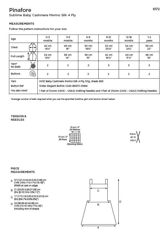 Sirdar 6172 Baby Pinafore in Sublime Baby Cashmere Merino Silk 4 Ply (PDF) Knit in a Box