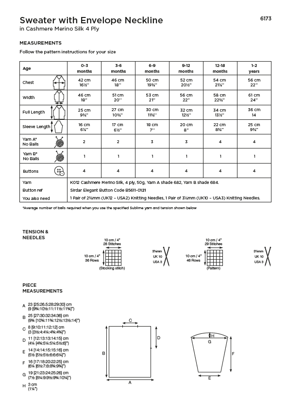 Sirdar 6173 Baby Sweater in Sublime Baby Cashmere Merino Silk 4 Ply (PDF) Knit in a Box
