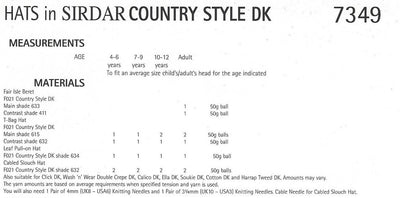 Sirdar 7349 Hats in Country Style DK (PDF) Knit in a Box